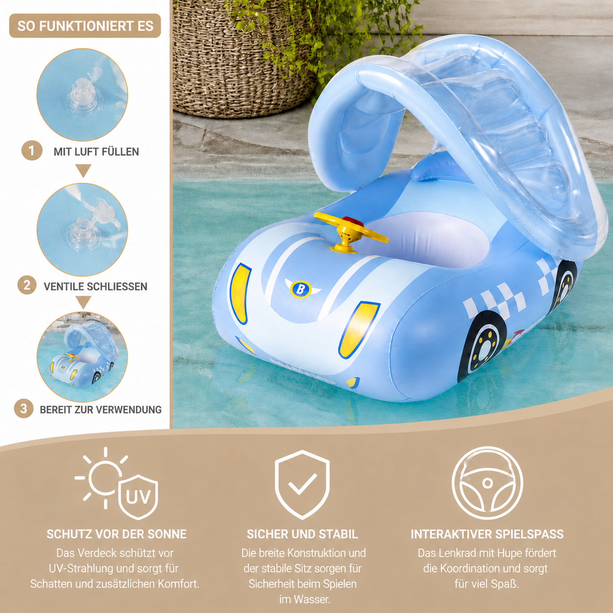 AquaRide® Aufblasbares Baby Schwimmauto
