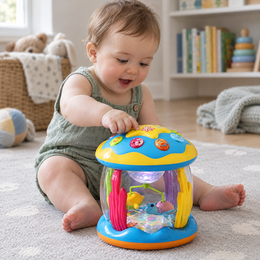 Baby spielt mit dem LumoSpin auf der Spielmatte