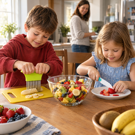Geschwister machen Obstsalat mit dem MiniChef Set