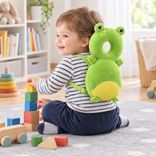 Kleinkind spielt mit dem SoftFall Kopfschutz Frosch
