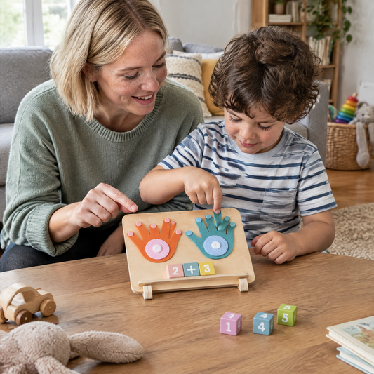PlayCount Finger Zählspiel - Mutter und Sohn im Wohnzimmer