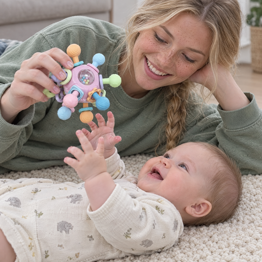 LunaGrip – Mutter spielt mit Baby auf dem Teppich