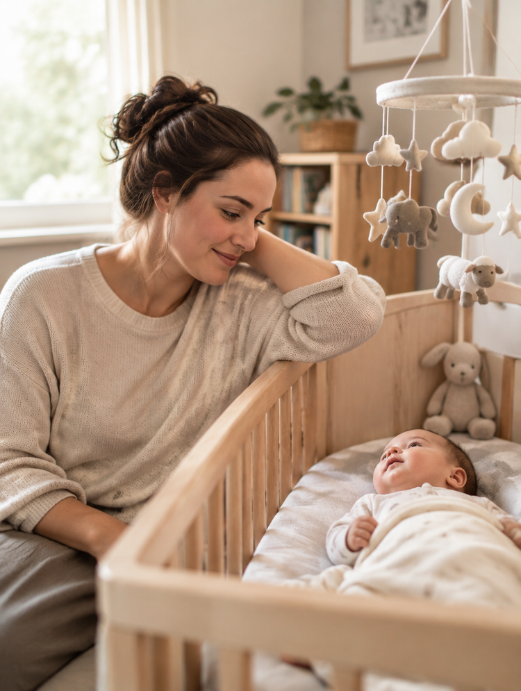 Mutter organisiert praktische Alltagshelfer für Kind und Familie