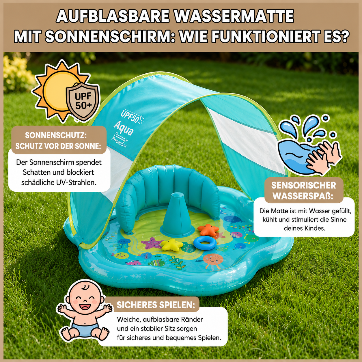 TinySplash® Aufblasbares Wasserbad mit Sonnendach