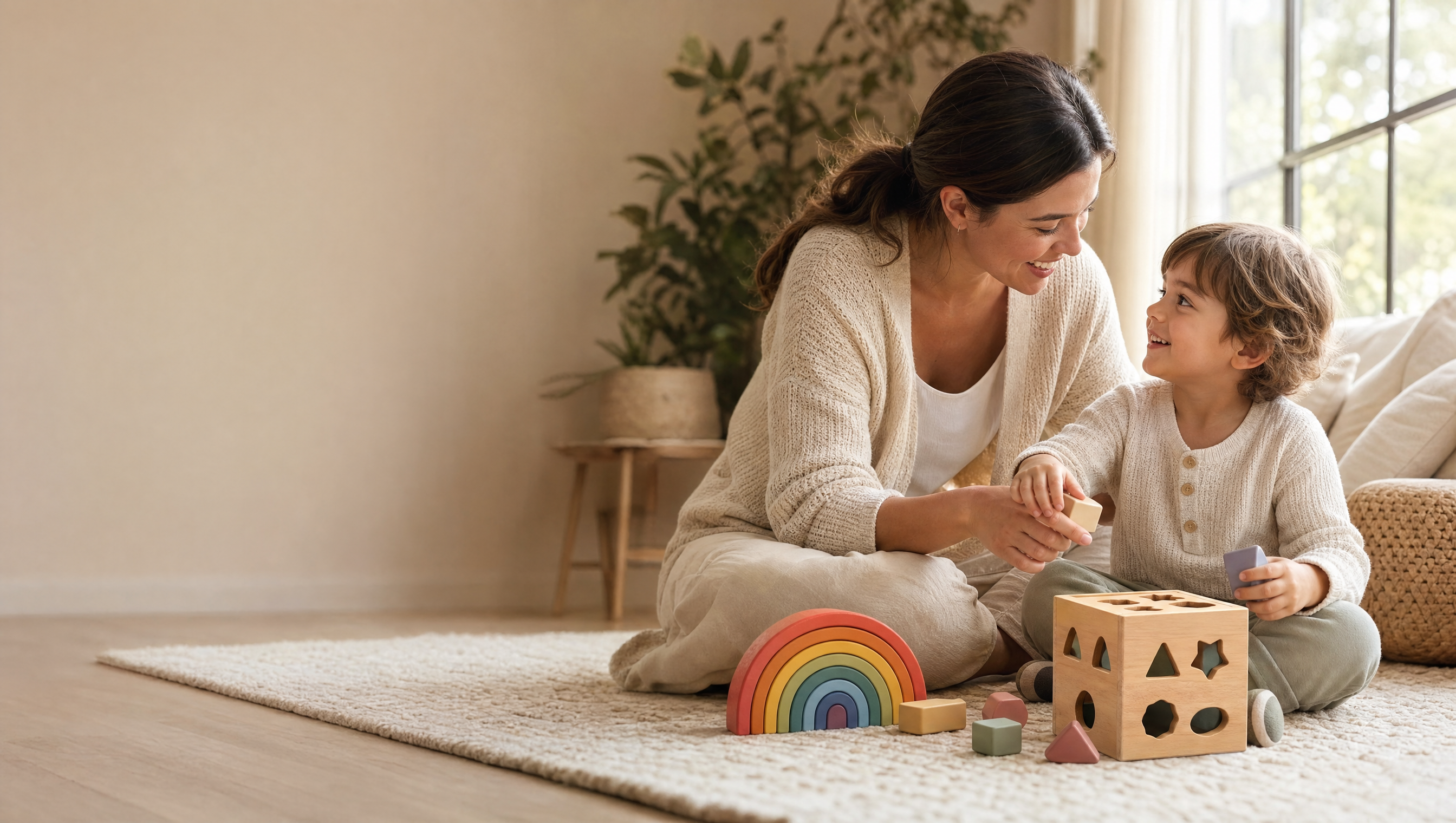 Moeder en kind spelen samen met Little Joys speelgoed