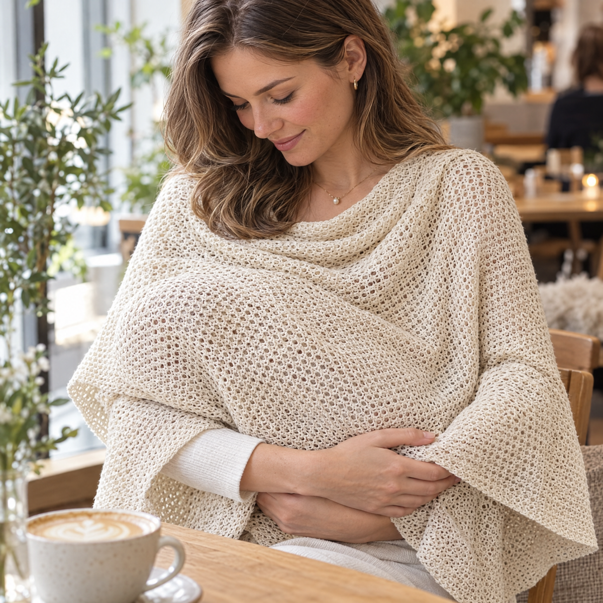 Mutter stillt ihr Baby im Café unter einem cremefarbenen Stilltuch