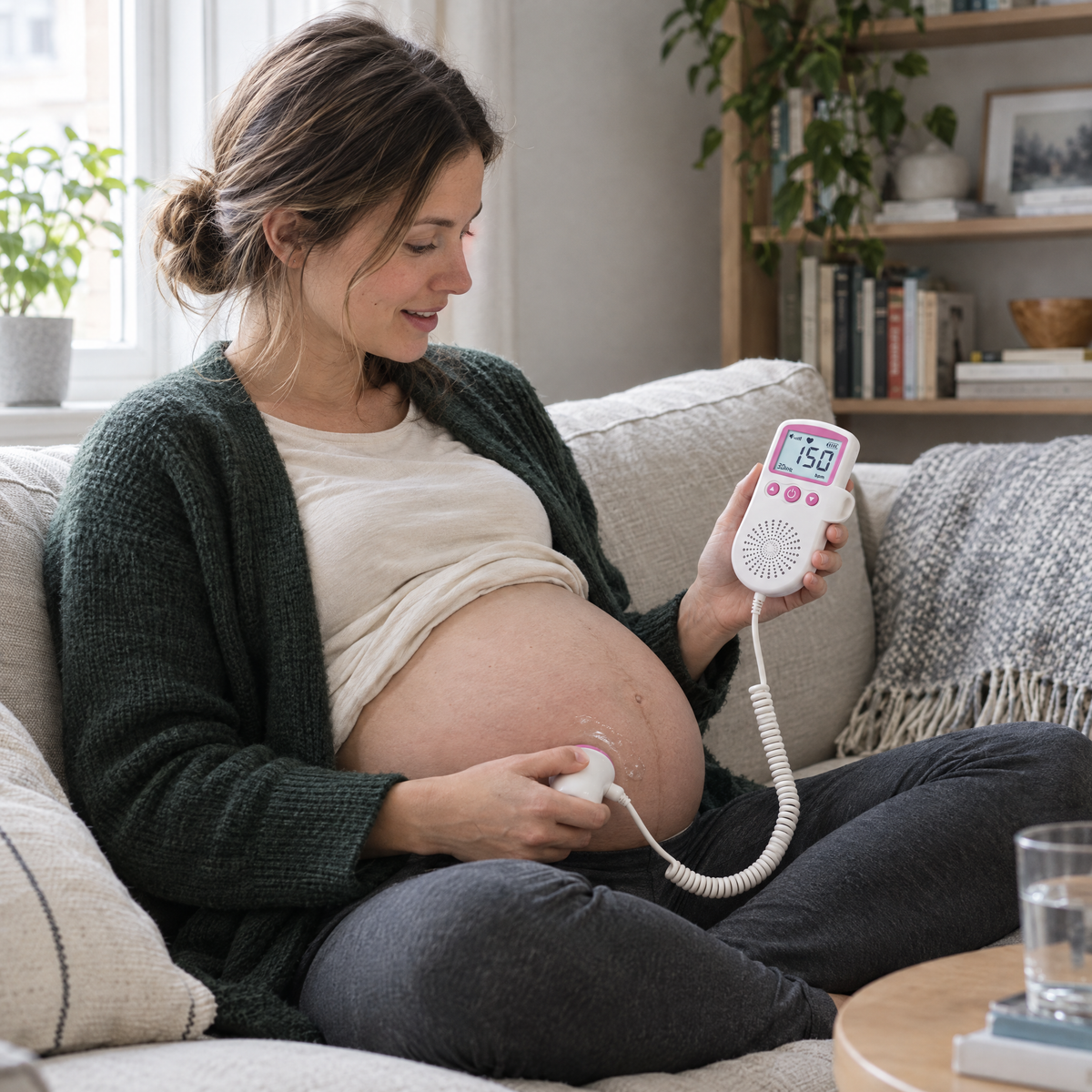 Schwangere hört mit dem BellyTune Doppler zuhause den Herzschlag ihres Babys