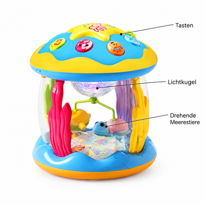 LumoSpin Funktionen: Tasten, Lichtkugel, drehende Meerestiere