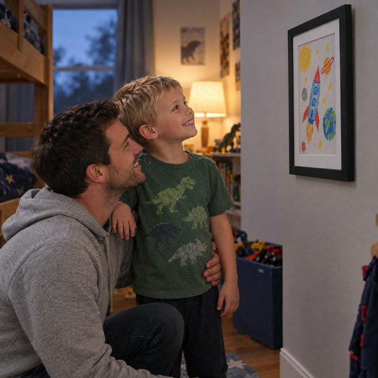 Vater und Sohn bewundern das Kunstwerk im ArtoWall Rahmen