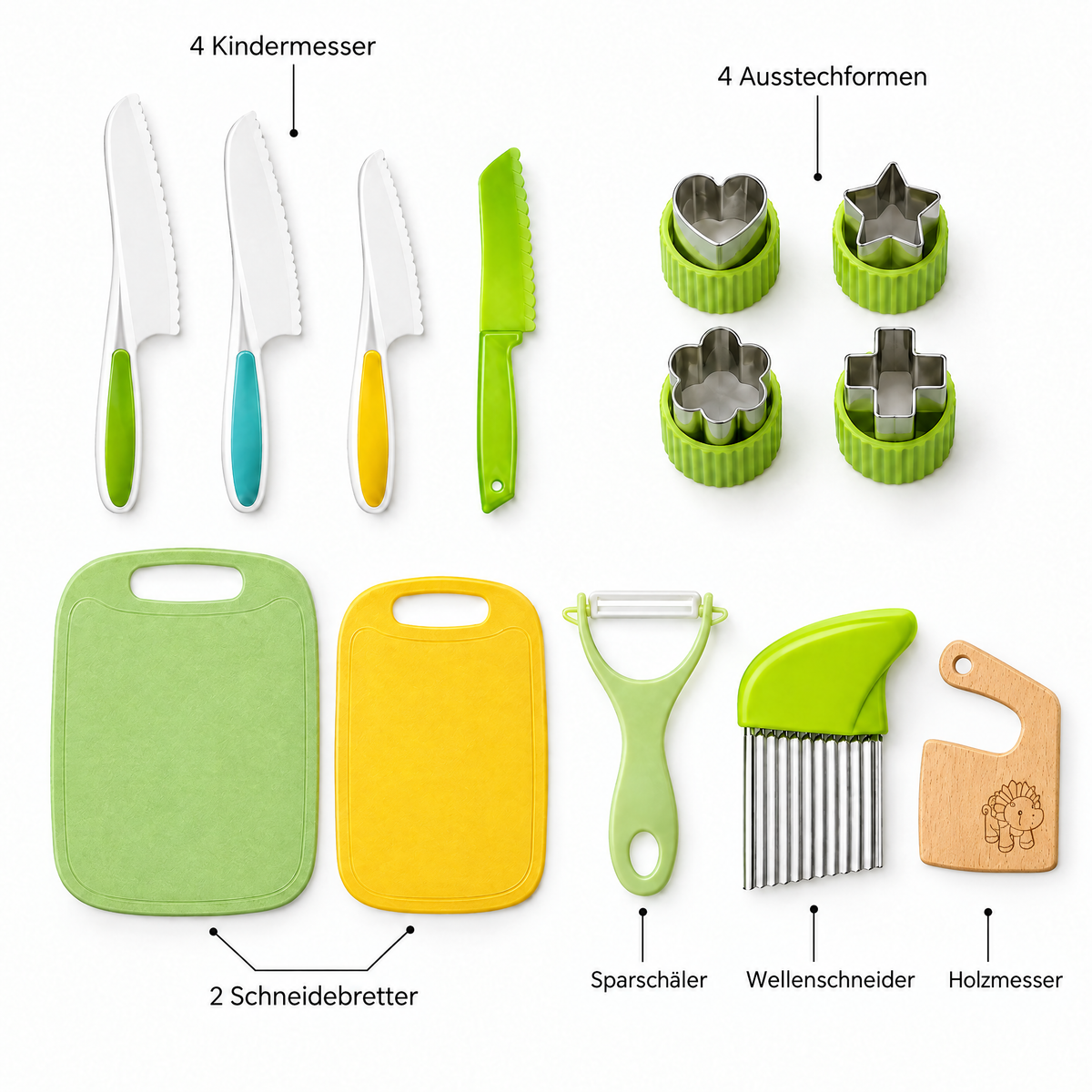 MiniChef Lieferumfang: 4 Kindermesser, 4 Ausstechformen, 2 Schneidebretter, Sparschäler, Wellenschneider, Holzmesser