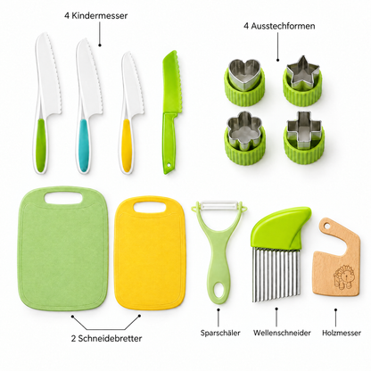 MiniChef Lieferumfang: 4 Kindermesser, 4 Ausstechformen, 2 Schneidebretter, Sparschäler, Wellenschneider, Holzmesser