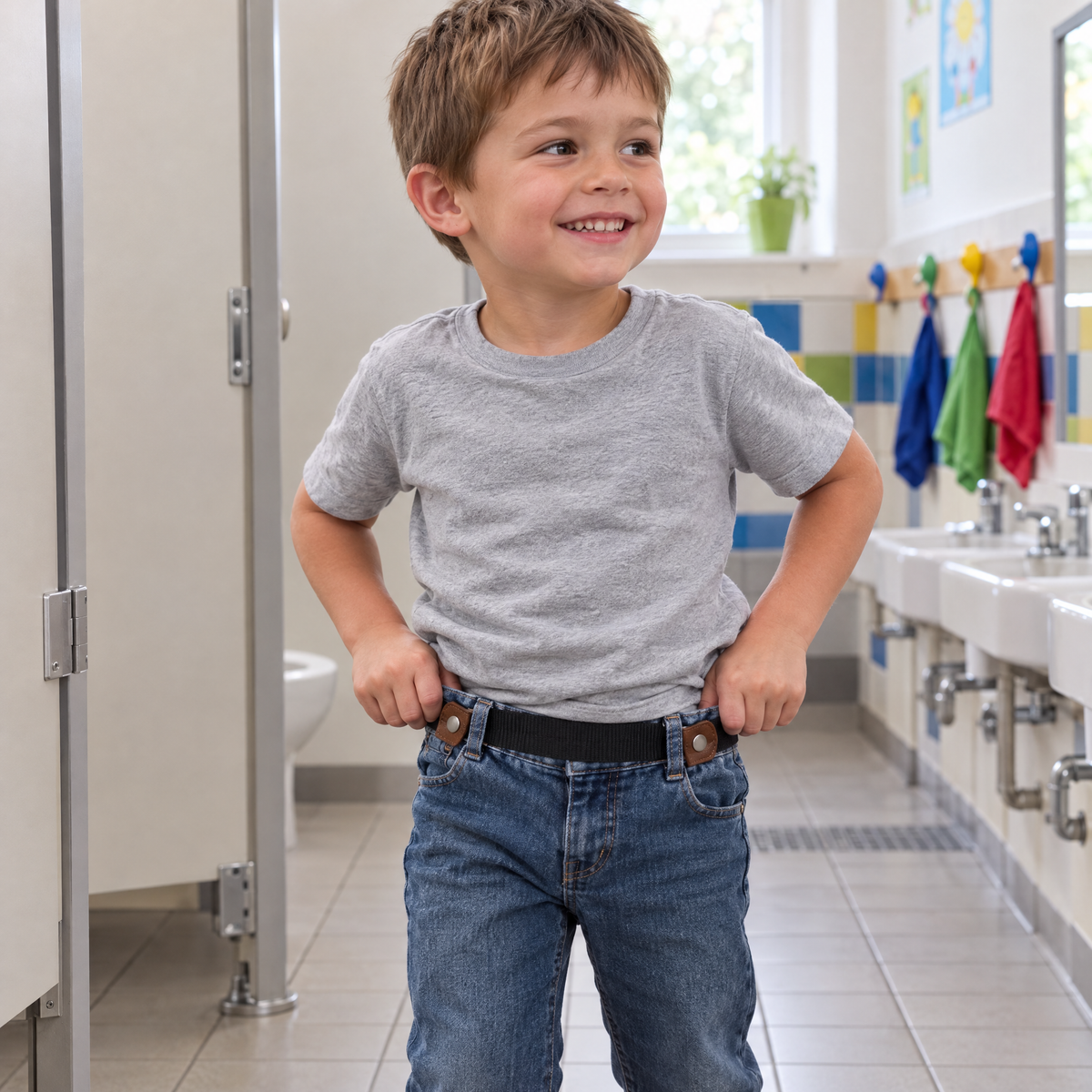 Kind zieht die Hose mit dem SelfFit Gürtel alleine hoch