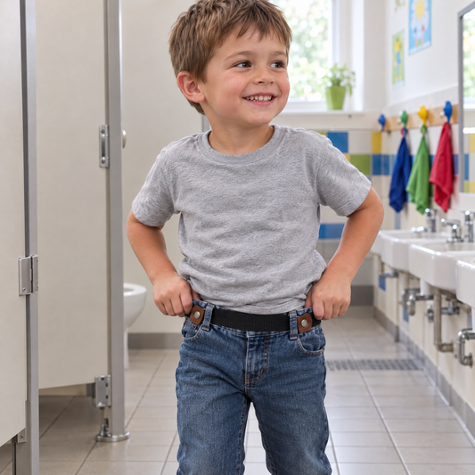 Kind zieht die Hose mit dem SelfFit Gürtel alleine hoch