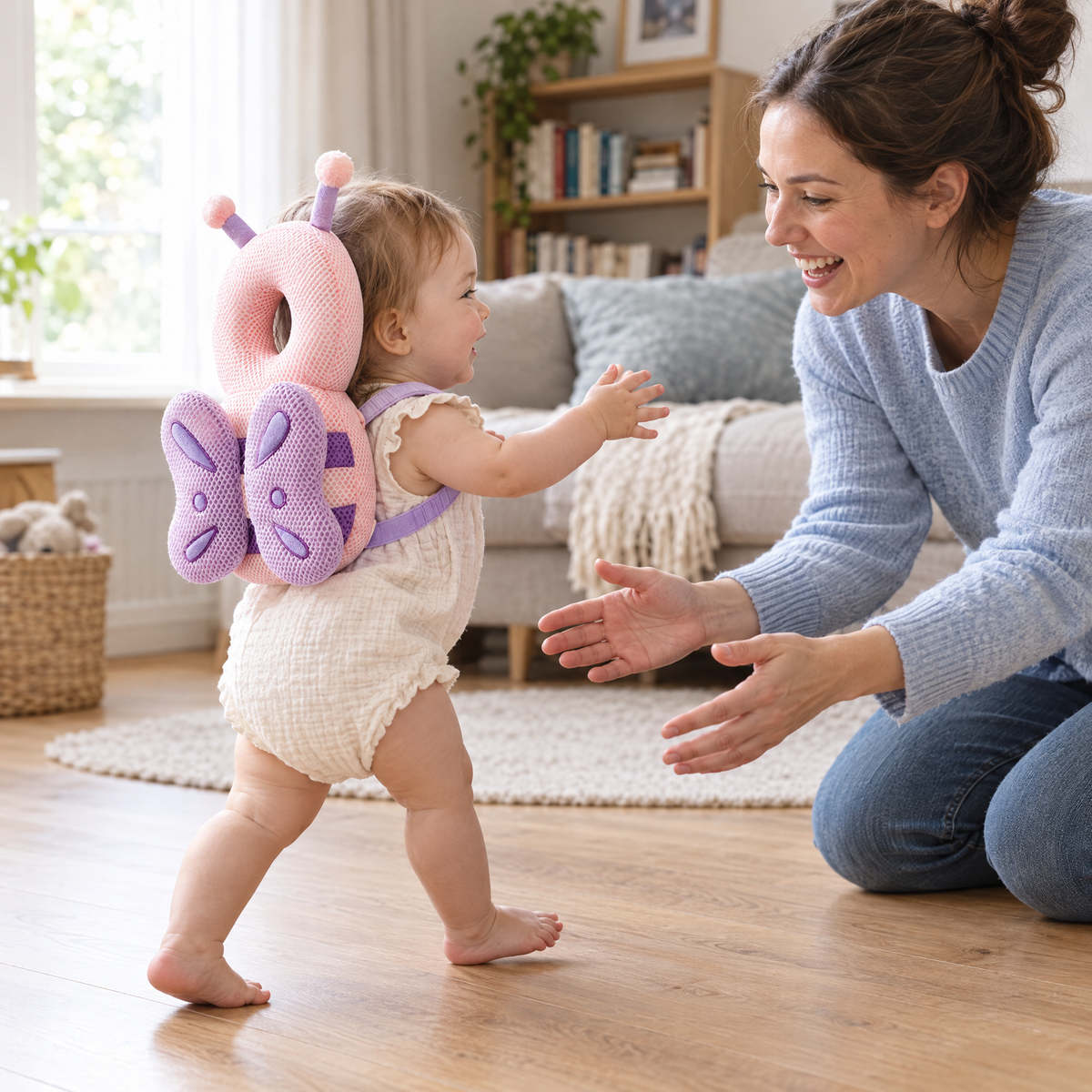 Baby macht erste Schritte mit dem SoftFall Kopfschutz Schmetterling