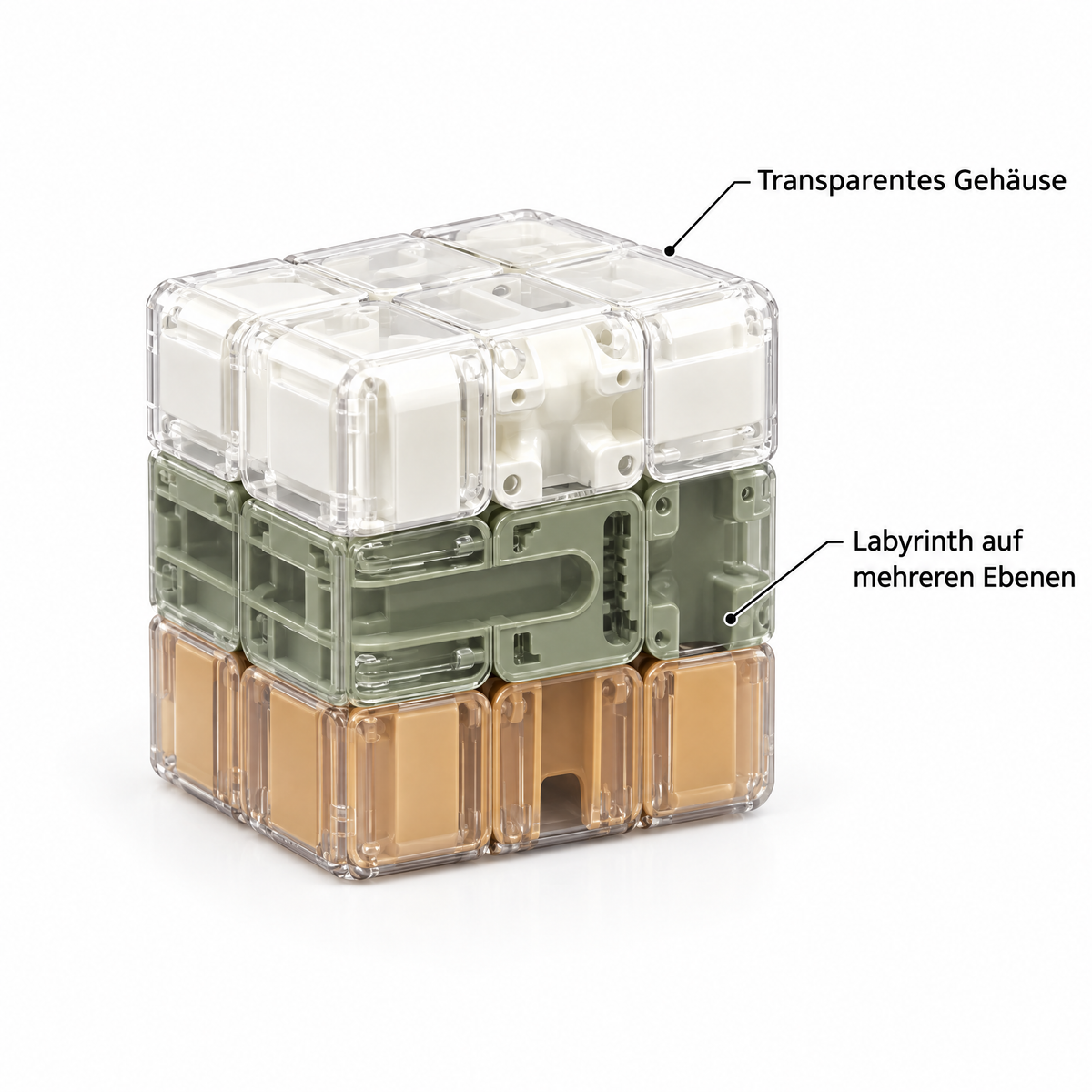 MazeCube – Transparentes Gehäuse, Labyrinth auf mehreren Ebenen