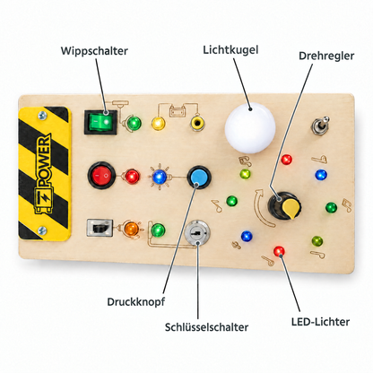 LumiBoard Funktionen: Wippschalter, Schlüsselschalter, Drehregler, Lichtkugel, Druckknopf, LED-Lichter