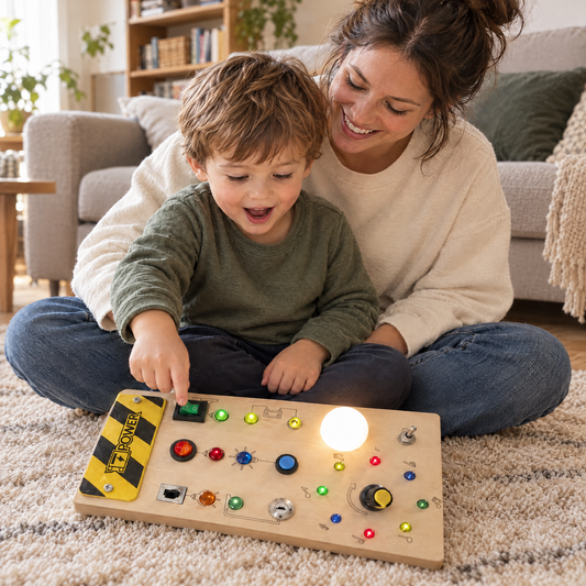 Mutter und Sohn spielen mit dem LumiBoard Sensorikboard, Lichtkugel leuchtet