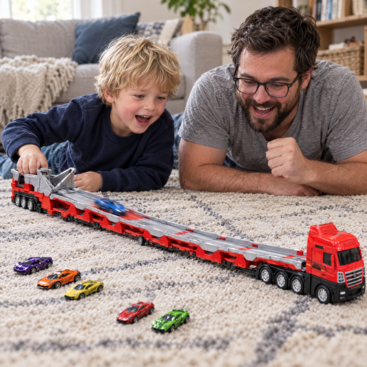 GoCargo – Vater und Sohn mit der ausgeklappten Rennbahn