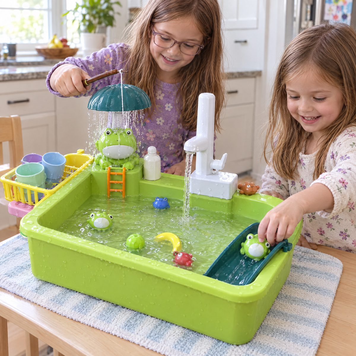 LittleSink Grün – Schwestern spielen in der Küche