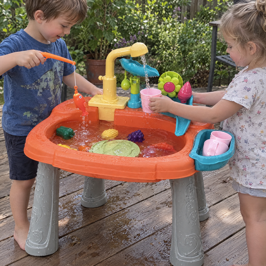 LittleSplash Spielküche - Geschwister angeln und spielen auf der Terrasse
