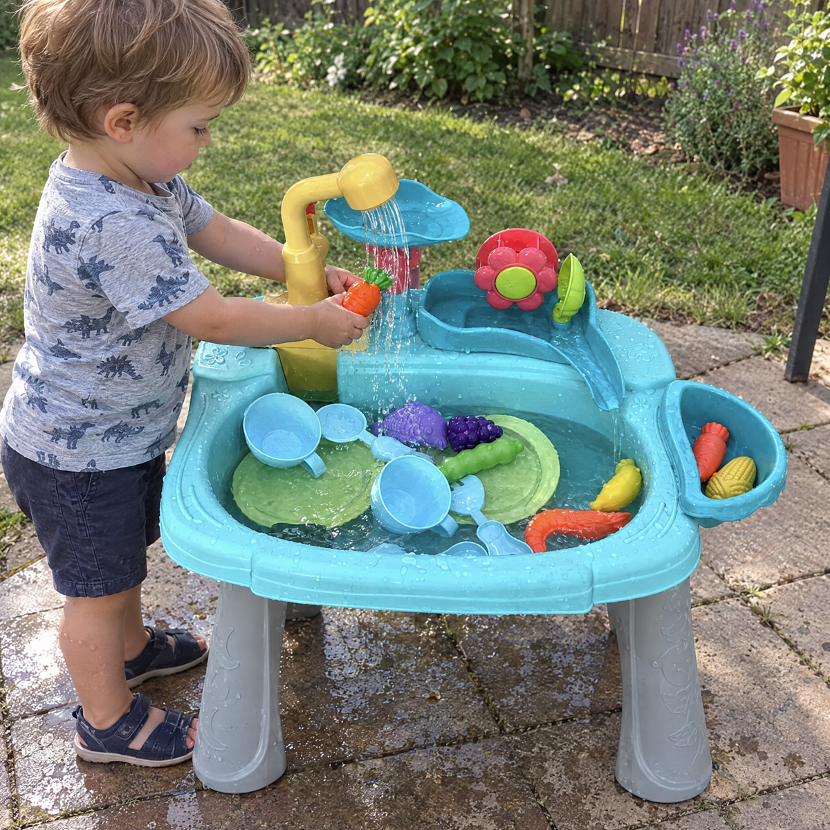 LittleSplash Spielküche mit Wasserfunktion - Kleinkind wäscht Gemüse im Garten
