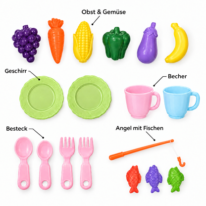 LittleSplash Zubehör - Obst, Geschirr, Besteck, Becher, Angel mit Fischen