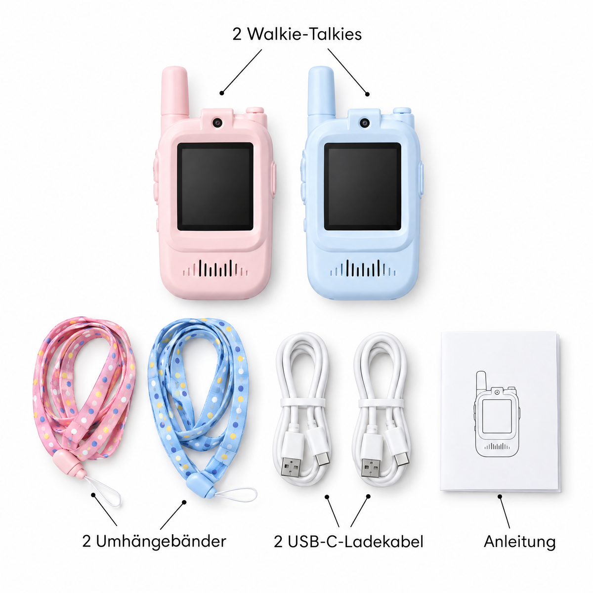 MiniTalk Lieferumfang - 2 Walkie-Talkies, 2 Umhängebänder, 2 USB-C-Ladekabel, Anleitung