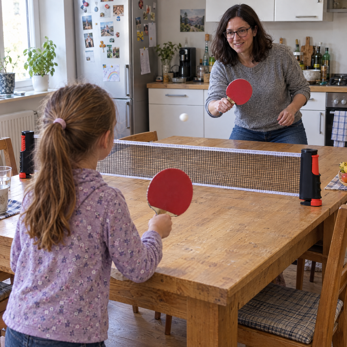 PlayPong Tischtennisnetz - Mutter und Tochter spielen am Esstisch