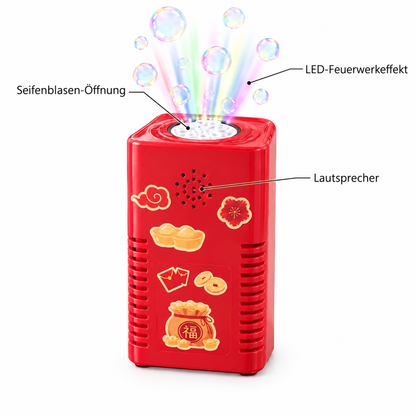 BubbleFeier Funktionen - Seifenblasen-Öffnung, LED-Feuerwerkeffekt, Lautsprecher