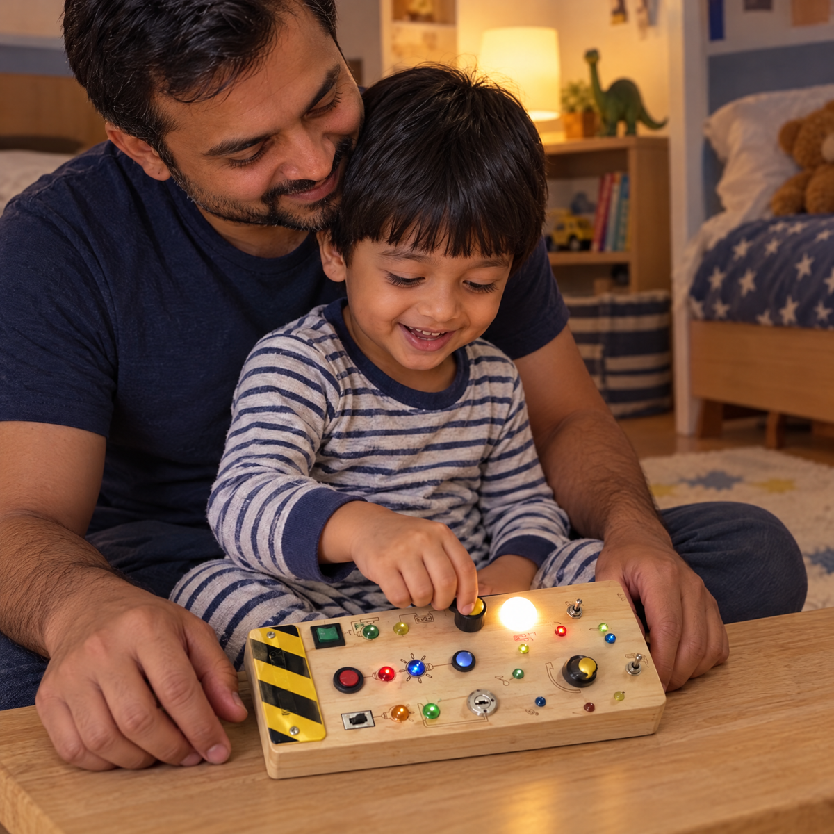 LumiBoard – Papa und Sohn am Abend im Kinderzimmer
