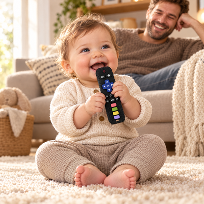 ClickChew – Baby spielt auf dem Teppich, Papa auf dem Sofa