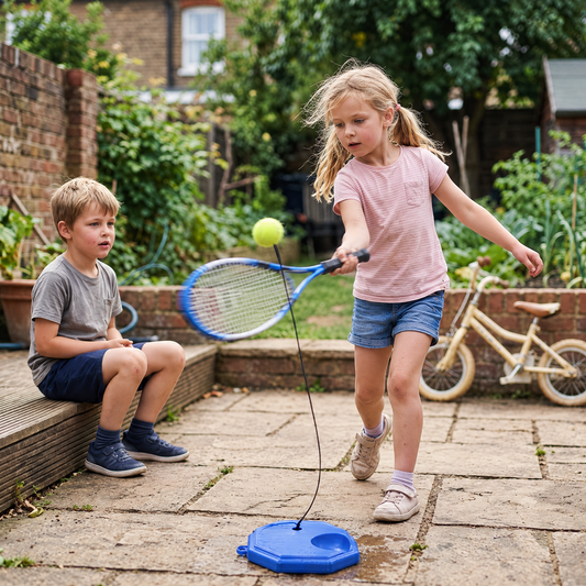 SwingBuddy Tennistrainer – Mädchen spielt allein auf der Terrasse