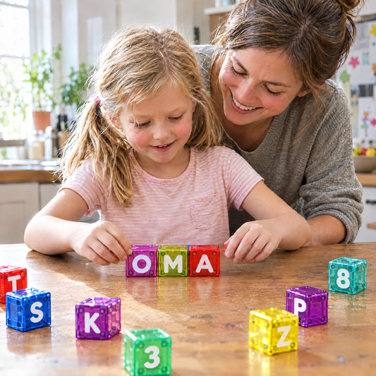 SnapWise Buchstabenbausteine – Mädchen legt OMA mit Mama