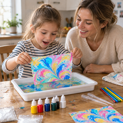 MagicMarble – Mädchen hebt das marmorierte Papier mit Mama ab