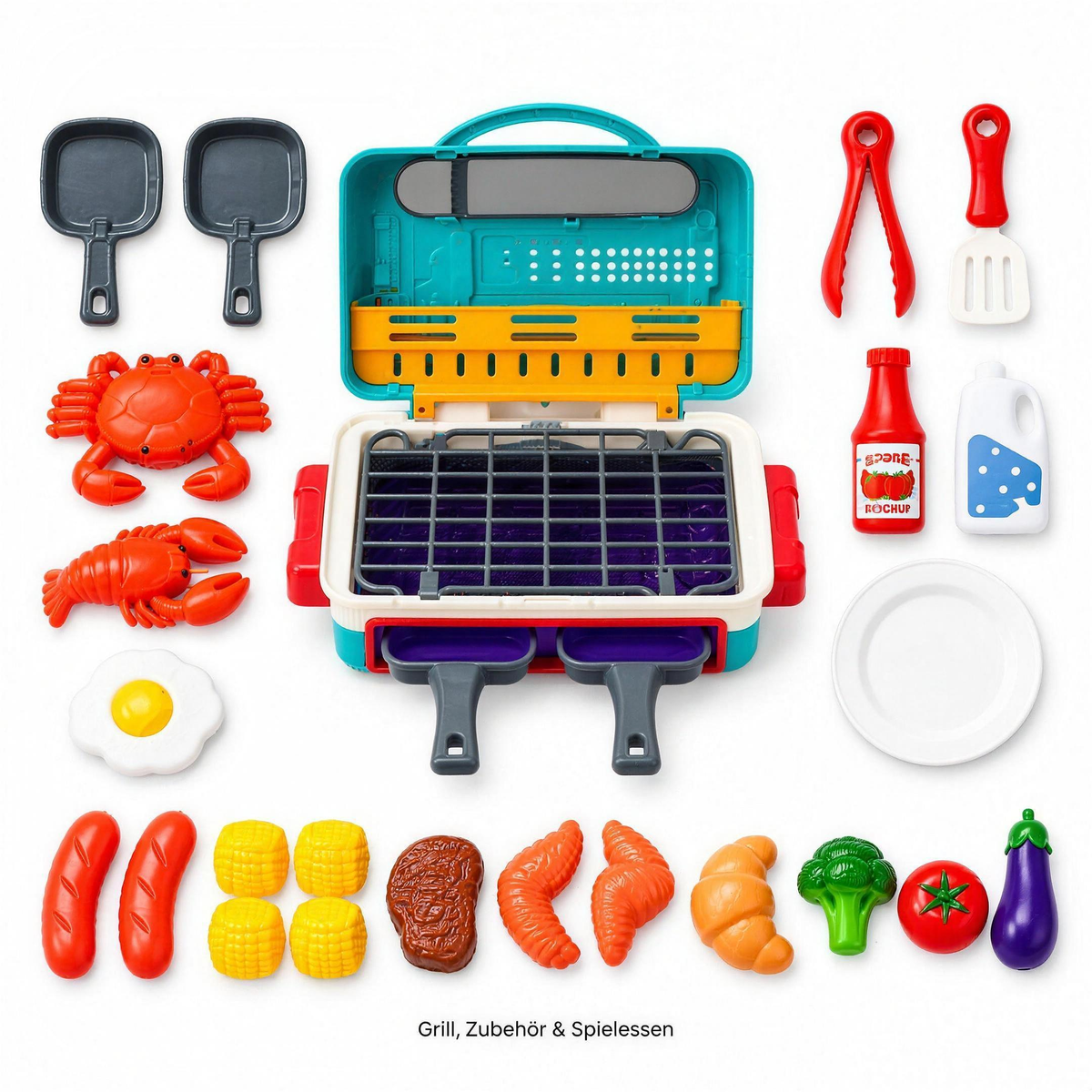 SizzleChef Lieferumfang: Grill, Zubehör und Spielessen
